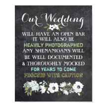 Chalkboard Open Bar Wedding Sign Floral Funny