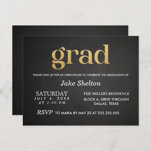 Chalkboard Open House Abschluss Gold Grad Einladung (Vorne/Hinten)