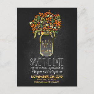 Chalkboard orange Save the Date - Blumenmason Jar Ankündigungspostkarte