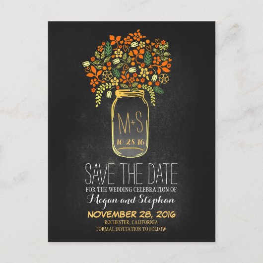 Chalkboard orange Save the Date - Blumenmason Jar Ankündigungspostkarte (Vorderseite)