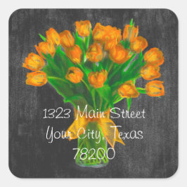 Chalkboard Orange Tulips Adressenaufkleber Quadratischer Aufkleber