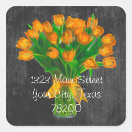Chalkboard Orange Tulips Adressenaufkleber Quadratischer Aufkleber