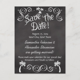 Chalkboard Palm Tree Beach Hochzeit Save the Date Ankündigungspostkarte