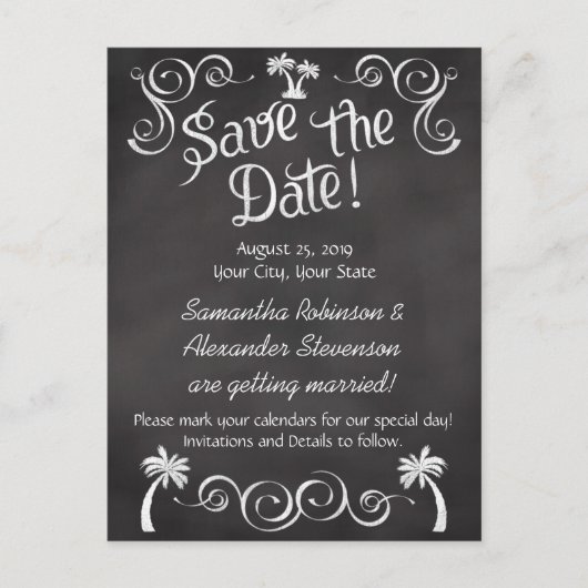 Chalkboard Palm Tree Beach Hochzeit Save the Date Ankündigungspostkarte (Vorderseite)