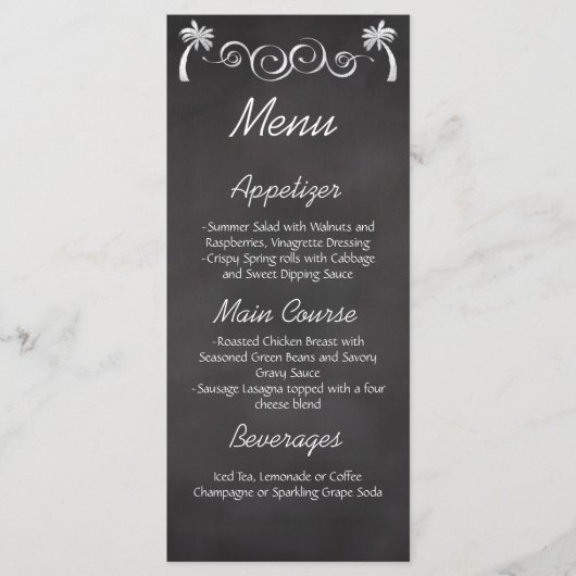Chalkboard Palm Tree Beach Hochzeitmenü Empfang Menükarte (Vorderseite)