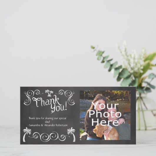 Chalkboard Palm Tree Beach Wedding Foto Vielen Dan Dankeskarte (Stehend Vorderseite)