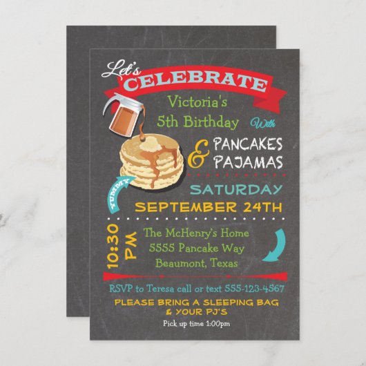 Chalkboard Pancakes und Pajamas Geburtstagsparty Einladung (Vorne/Hinten)