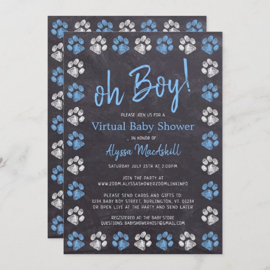 Chalkboard Paw Print Blue Boy Virtual Baby Dusche Einladung (Vorne/Hinten)