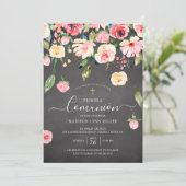 Chalkboard Peonies Floral Spanisch Erste Kommune Einladung (Stehend Vorderseite)