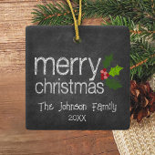 Chalkboard Photo Collage Merry Christmas Holly Keramikornament