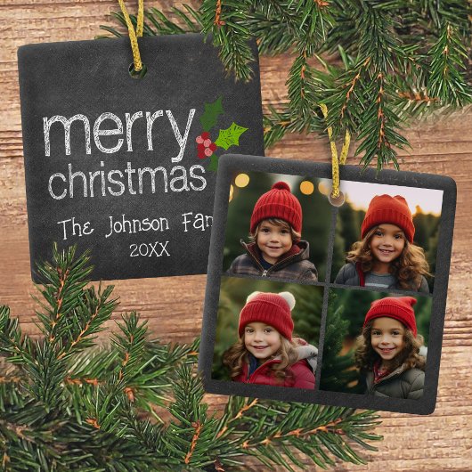 Chalkboard Photo Collage Merry Christmas Holly Keramikornament