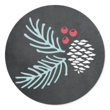 Chalkboard Pine and Berry Round Holiday Sticker