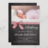 Chalkboard Pink Bow Girl Baby Geburtsankündigung Ankündigung (Vorne/Hinten)