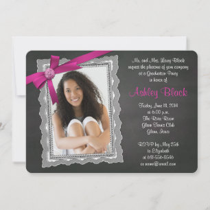Chalkboard Pink Bow Ribbon Lace Foto Abschluss Einladung