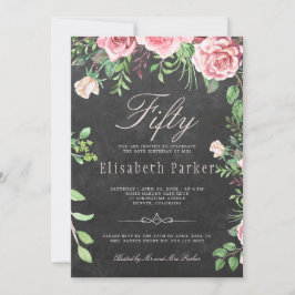 Chalkboard Pink Floral Garden 50. Geburtstagsparty Einladung