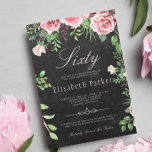 Chalkboard Pink Floral Garden 60. Geburtstagsparty Einladung<br><div class="desc">Rustikale,  elegante Geburtstagsparty mit feminininer Einladung mit blütenrosa und roter bordeauxfarbenen Rose mit grünen Blätter und Blattwerk und einem schicken,  editierbaren Kalligraphieskript auf einem dunkelgrauen Chalkboard-Hintergrund.              Geeignet für Frühjahr,  Sommer- oder Herbstfall / Garten im Freien / Vintager Meilenstein Geburtstag / Jubiläum / Feier Party .</div>