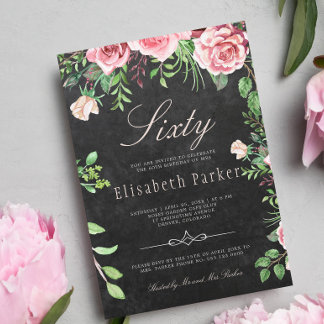 Chalkboard Pink Floral Garden 60. Geburtstagsparty Einladung