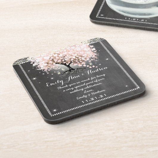 Chalkboard Pink Heart Leaf Tree Wedding Untersetze Untersetzer (Linke Seite)