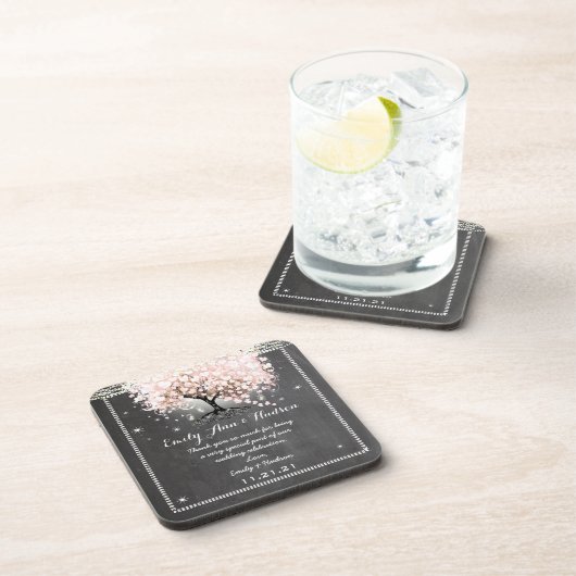 Chalkboard Pink Heart Leaf Tree Wedding Untersetze Untersetzer (Rechte Seite)