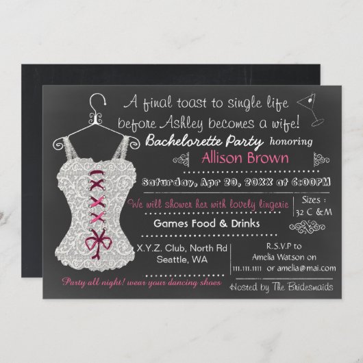 Chalkboard pink Lace Lingerie Dusche Bachelorette Einladung (Vorne/Hinten)