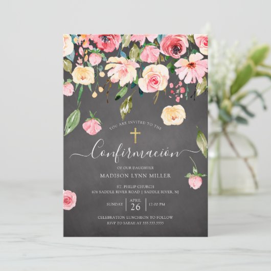 Chalkboard Pink Peonies Rose Spanische Bestätigung Einladung (Stehend Vorderseite)
