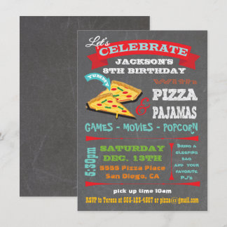 Chalkboard Pizza & Pajamas Geburtstagsparty Einladung