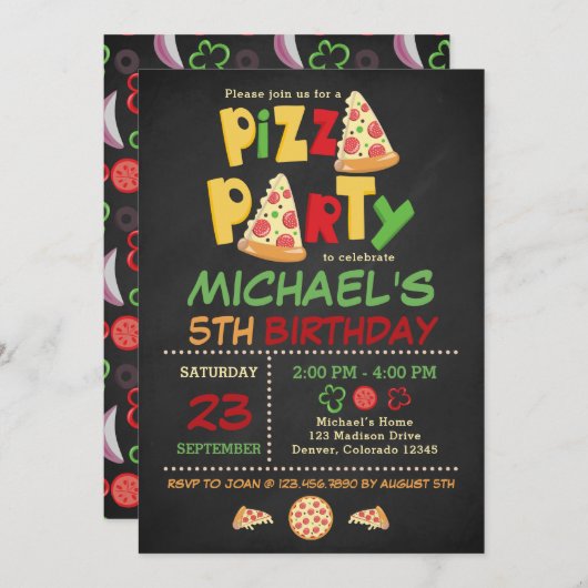 Chalkboard Pizza Party Geburtstag Einladung (Vorne/Hinten)