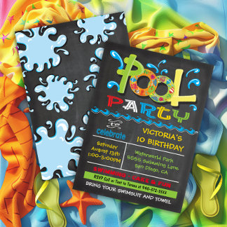 Chalkboard Pool Party with water splashes Einladung