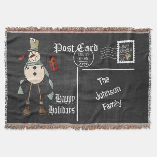 Chalkboard Postcard Blue Old Fashion Snowman Decke