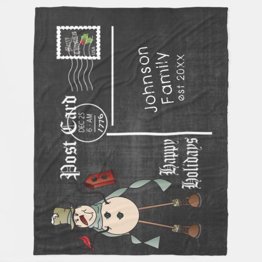 Chalkboard Postkarte mit rustikalem Blue Snowman Fleecedecke (Vorderseite)