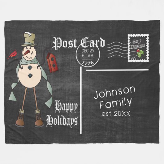 Chalkboard Postkarte mit rustikalem Blue Snowman Fleecedecke (Vorderseite (Horizontal))