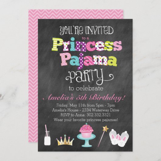Chalkboard Princess Pajama Party Einladung (Vorne/Hinten)