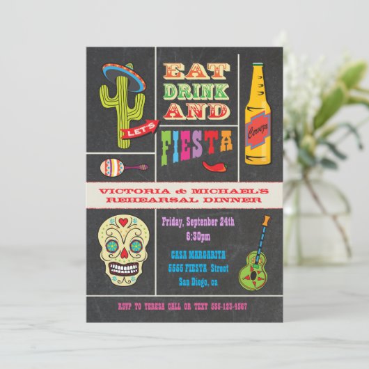 Chalkboard Probe Dinner Mexican Fiesta Einladung (Stehend Vorderseite)