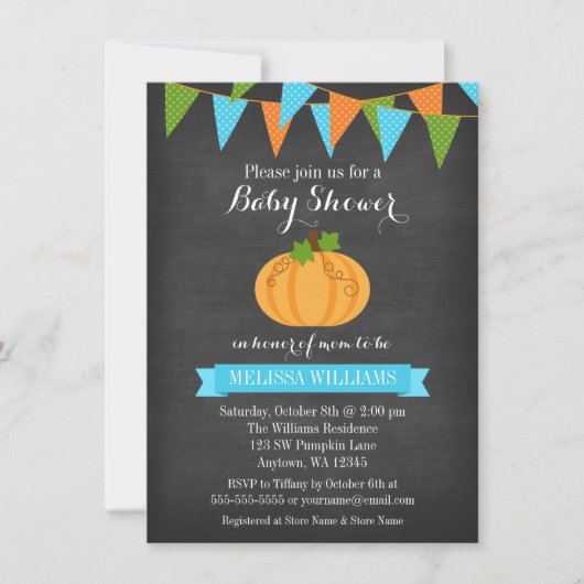 Chalkboard Pumpkin Bunting Boy Fall Baby Dusche Einladung (Vorderseite)