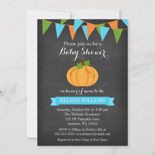 Chalkboard Pumpkin Bunting Boy Fall Babydusche Einladung (Vorderseite)