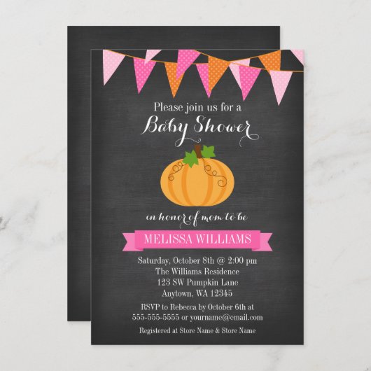 Chalkboard Pumpkin Bunting Girl Fall Baby Dusche Einladung (Vorne/Hinten)