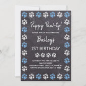 Chalkboard Puppy Pawty Blue Hund Geburtstag Einladung (Vorderseite)