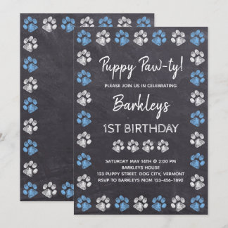 Chalkboard Puppy Pawty Blue Hund Geburtstag Einladung
