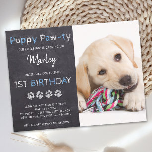 Chalkboard Puppy Pawty Blue Hund Geburtstagsparty Postkarte