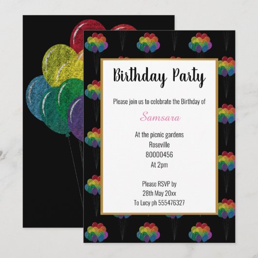 Chalkboard Rainbow Ballon Black Birthday Einladung (Vorne/Hinten)