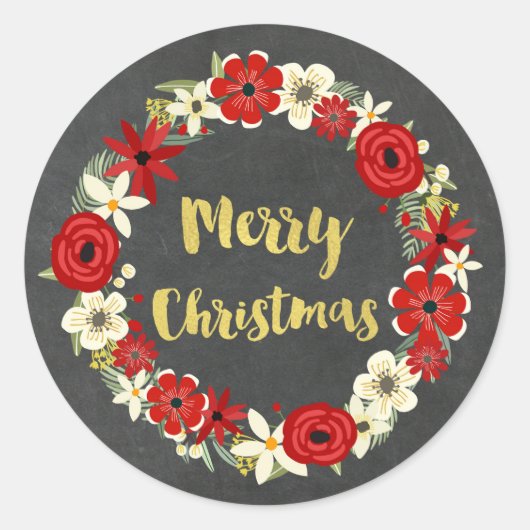 Chalkboard Red Floral Wreath Gold Weihnachten Runder Aufkleber (Vorderseite)