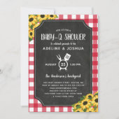 Chalkboard Red Gingham Sunflower Baby-Q Dusche Einladung (Vorderseite)