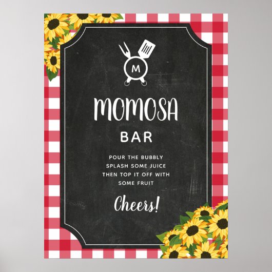 Chalkboard Red Gingham Sunflower Monogram Momosa Poster (Vorne)