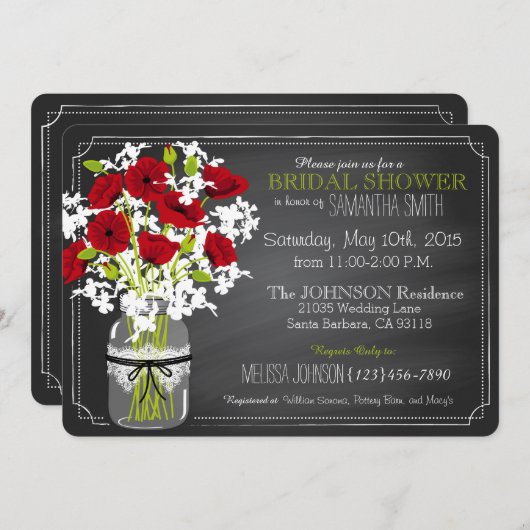 Chalkboard Red Poppies Jar Brautparty Einladung (Vorne/Hinten)