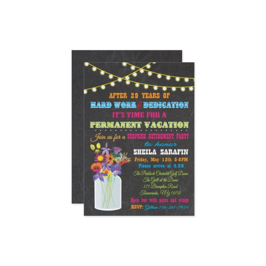 Chalkboard Retirement Party mit Mauerkasten Blume Einladung (Vorderseite/Rückseite Beispiel)
