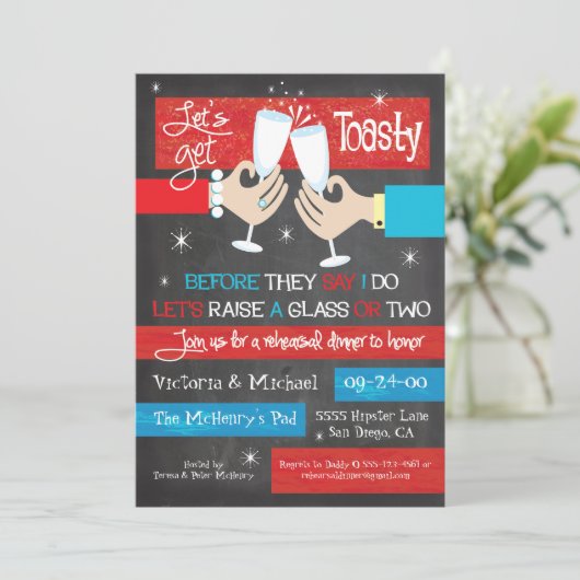 Chalkboard Retro Champagne Toast Probe Abendessen Einladung (Stehend Vorderseite)