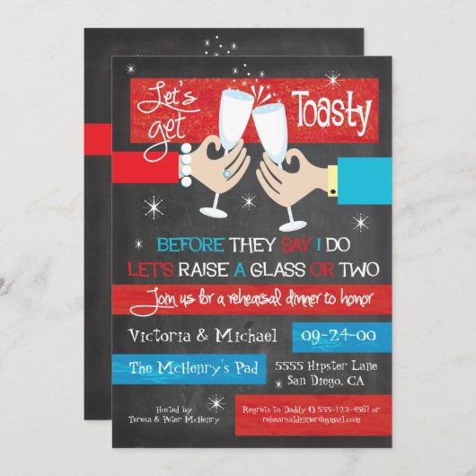 Chalkboard Retro Champagne Toast Probe Abendessen Einladung (Vorne/Hinten)