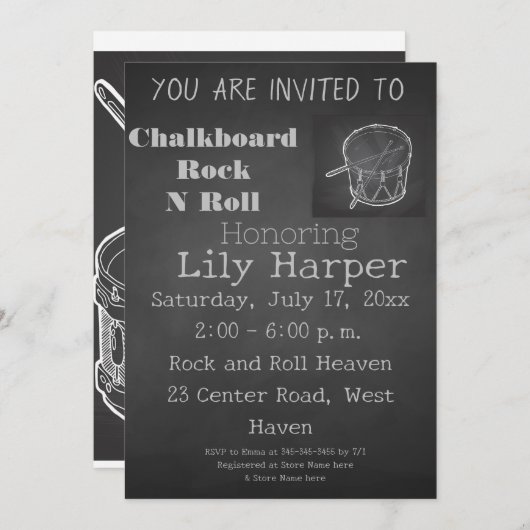 Chalkboard Rock Star Kinderdusche Einladung (Vorne/Hinten)