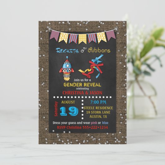 Chalkboard Rockets oder Ribbons Genderdarstellung Einladung (Stehend Vorderseite)