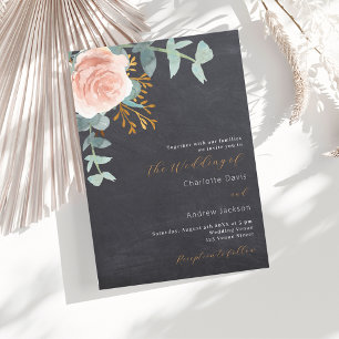 Chalkboard Rose Goldblütengrün graue Hochzeit Einladung